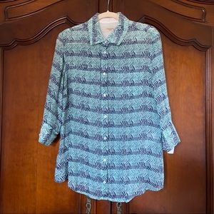 MaxMara Weekend Gauzy Resort Button-Down Shirt in Aqua and Blue Chevron